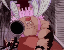 a cartoon character is holding a gun and wearing a pink tutu .