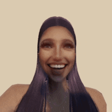 a close up of a woman 's face with purple hair and a necklace