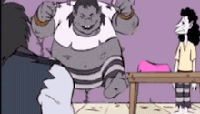 a cartoon of a man and woman standing next to a table