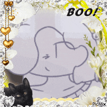 a picture frame with a black cat and a drawing of an elephant that says boo on it