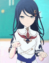 a girl with long black hair is wearing a white and blue outfit
