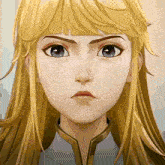 a close up of a cartoon character 's face with a serious look on her face
