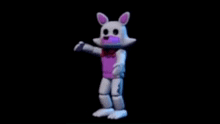 mangle from five nights at freddy 's is standing in the dark holding a pink object in his mouth .