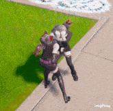 a video game character is hugging another character on a sidewalk with imgplay written in the corner