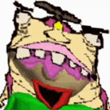 a pixel art drawing of a cartoon character with a green shirt