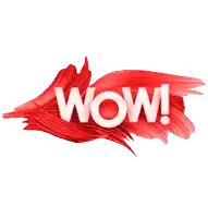 a red brush stroke with the word wow in white letters