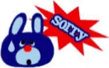 a blue rabbit with a red star and the word sorry on it