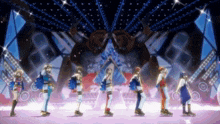 a group of people standing on a stage wearing skates