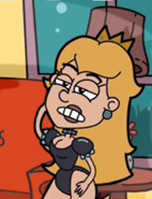 a cartoon of a woman with a crown on her head is standing in front of a lamp .