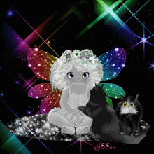 a fairy sitting next to a black cat with the name j.s.san written on the bottom