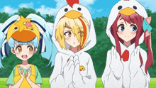three anime characters are wearing chicken costumes