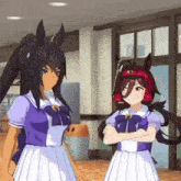 two anime girls are standing next to each other in a room