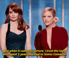 two women standing next to each other with the words but when it comes to torture i trust the lady