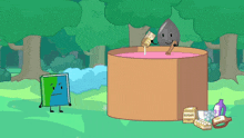 a cartoon drawing of a book and a drop of water with a box of sugar in front of them