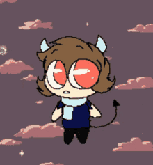 a pixel art drawing of a demon with red eyes and horns