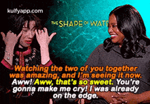 two women are sitting next to each other and laughing while watching a movie called the shade of water .