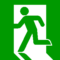a green and white exit sign with a man running