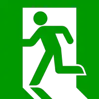 a green and white exit sign with a man running