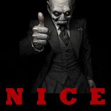 a man in a suit and tie is giving a thumbs up and the word nice is behind him