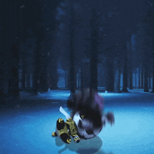 a cartoon character with a sword is laying on the ground in a snowy forest