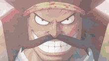 a man with a mustache and a hat is smiling and looking angry .