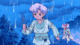 a cartoon of a girl holding a wand in the rain with trees in the background