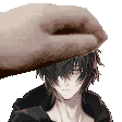 a pixel art of a hand putting a hat on a boy 's head .