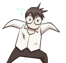 a cartoon of a man with big eyes and a surprised look on his face .