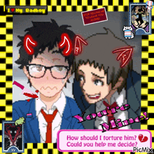 a pixel art of two boys with the words " how should i torture him could you help me decide " on the bottom