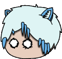 a cartoon drawing of a person with blue ears and white hair