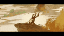 a painting of a person holding a spear in a landscape