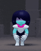 a cartoon character with purple hair and blue arms and legs