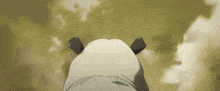 a panda bear is standing in front of a cloudy sky looking up at the sky .