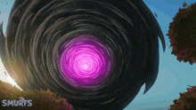 a picture of a purple swirl with smurfs on the bottom right