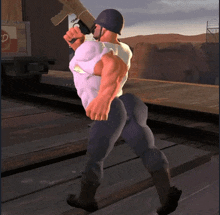 a cartoon soldier is holding a gun in front of a red d sign