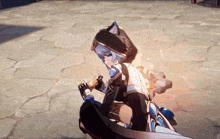a video game character with a cat ear hood is sitting in front of a fire