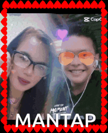a man and a woman wearing sunglasses and ear buds with the word mantas on the bottom