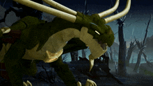 a green and white dragon with horns is in a forest