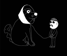 a black and white drawing of a man holding a leash to a large dog .