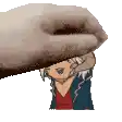 a hand is holding a cartoon character 's head in a pixel art .