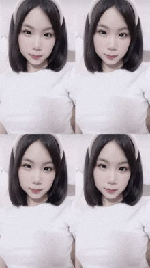 a girl wearing a white shirt and a white headband looks at the camera