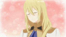 a blonde anime girl with her eyes closed and a flower on her chest