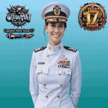 a woman in a military uniform is standing in front of a blue background with a captain rest area 17 logo