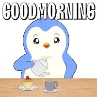 a penguin is pouring coffee into a cup with the words good morning written above it