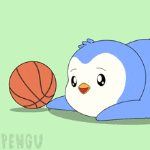 a cartoon of a penguin playing with a basketball with pengu written on the bottom