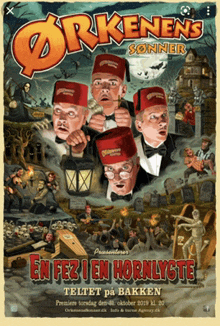 a poster for orkenens sonner features a group of men in red hats