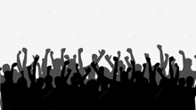 a crowd of people with their hands in the air .