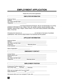 a black and white employment application form with a lot of information on it