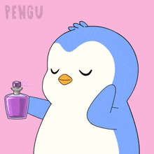 a penguin is holding a purple bottle of perfume and the word pengu is on the bottom