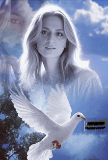 a picture of a woman and a white dove with a red heart on it